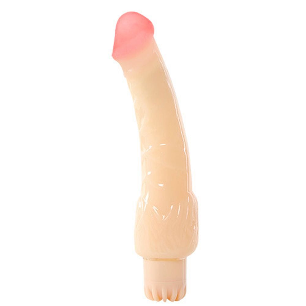 Dildo beige con punta rosa. Dettagli visibili: vene, base a forma di piede.