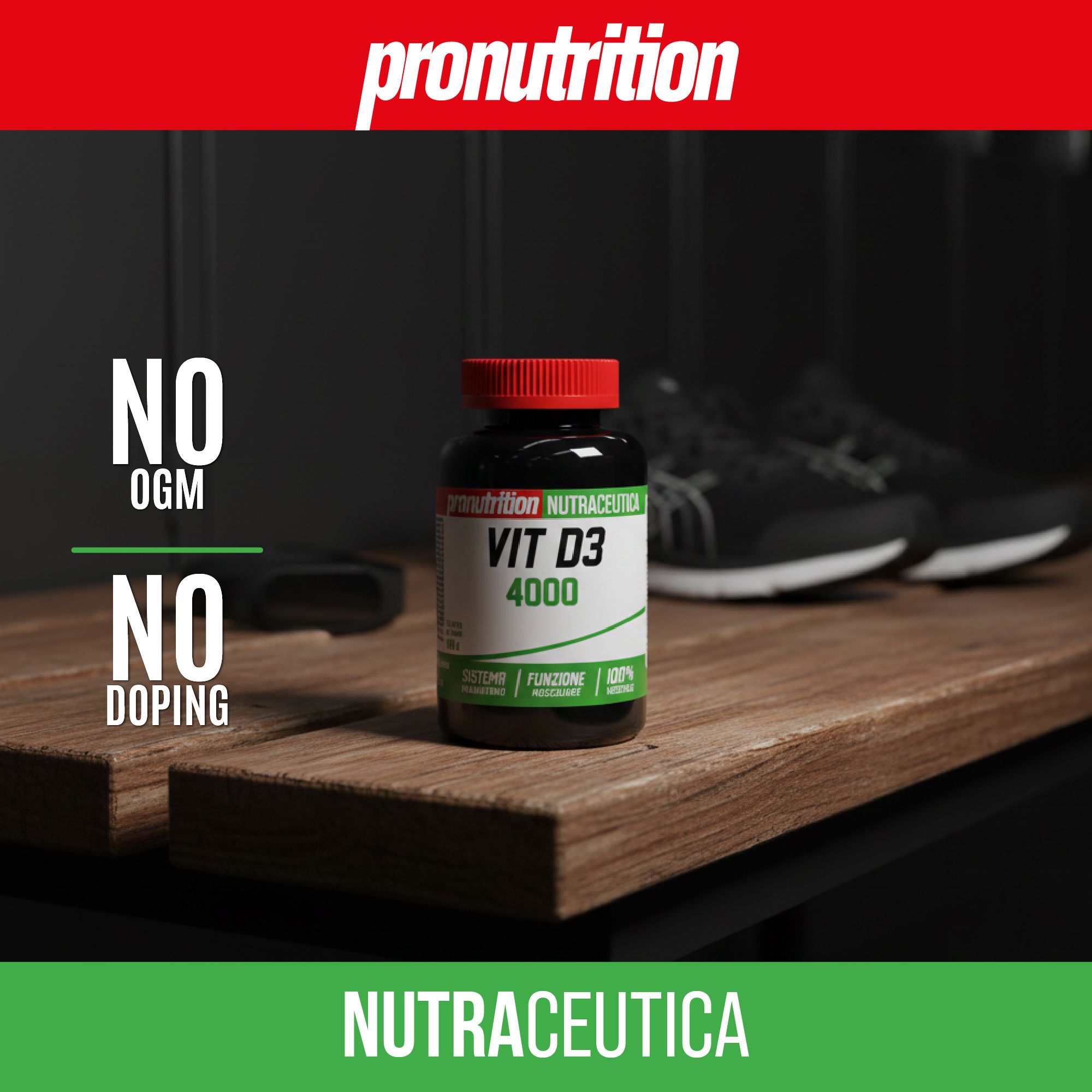 Flacone marrone con tappo rosso. Scritta Vit D3 4000. Su una tavola di legno. Scarpe nere sullo sfondo.