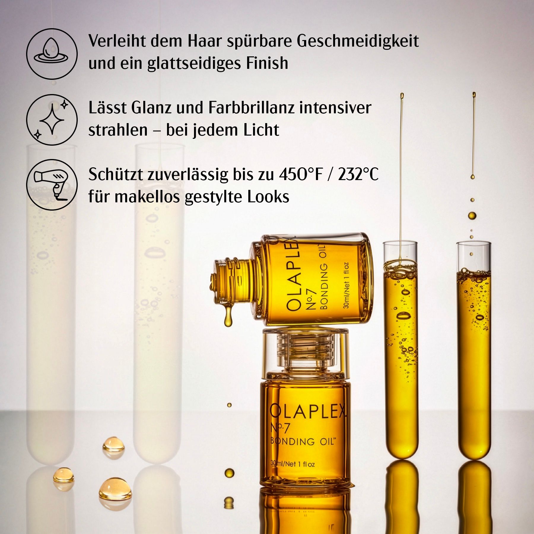 Olio per capelli giallo in bottiglie e provette. Scritta: OLAPLEX Nr.7 Bonding Oil. Con gocce d'olio.
