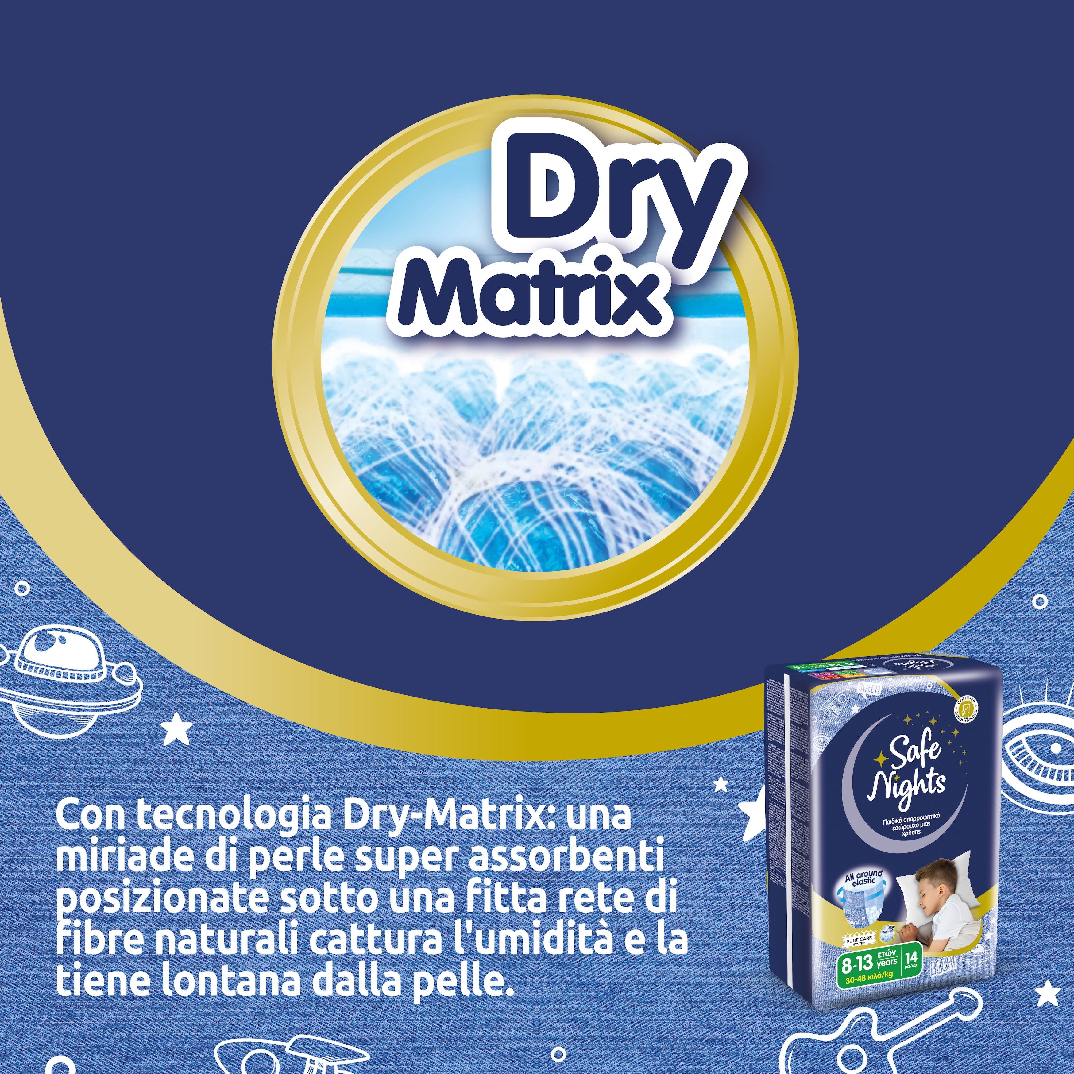 Confezione Babylino Safe Nights. Tecnologia Dry Matrix. Testo in italiano. Immagine del prodotto.