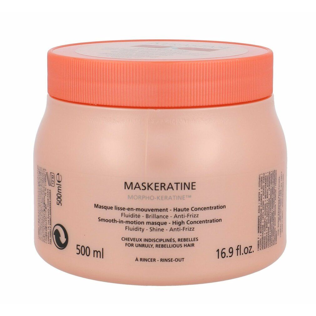 Barattolo rosa con coperchio. Scritta: MASKERATINE, 500 ml, 16.9 fl.oz. Testo: Masque lisse-en-mouvement, Anti-Frizz, per capelli ribelli.