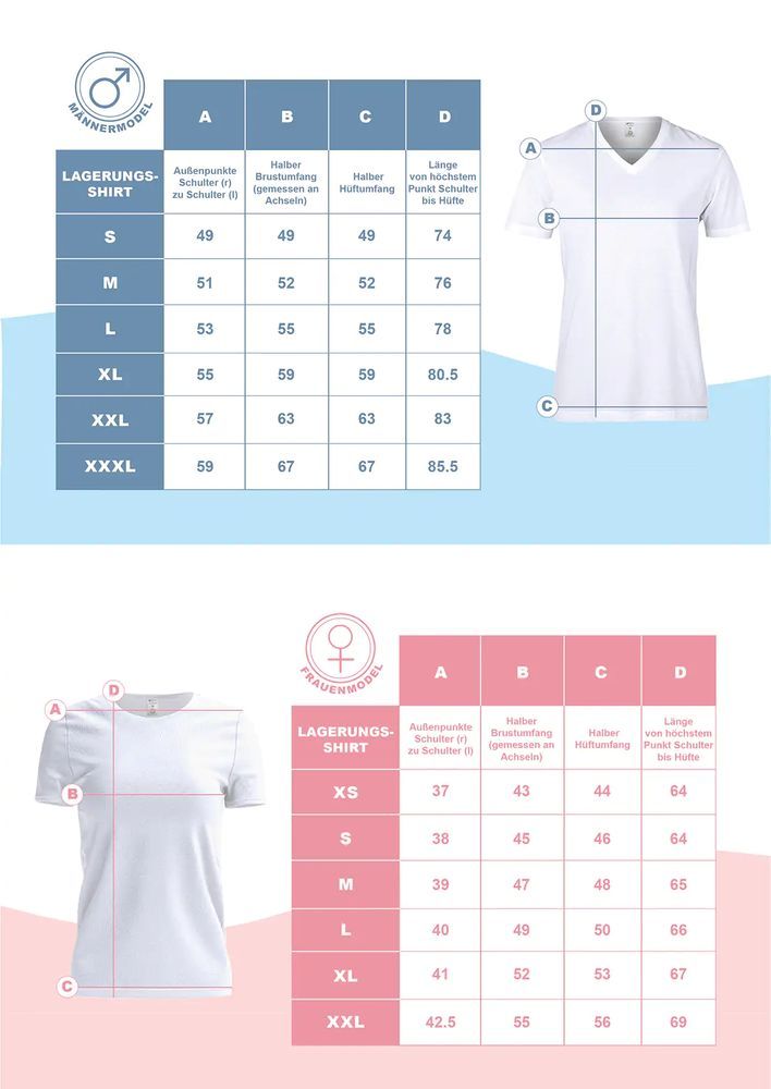 Tabelle taglie per t-shirt uomo e donna. Misure A, B, C, D.