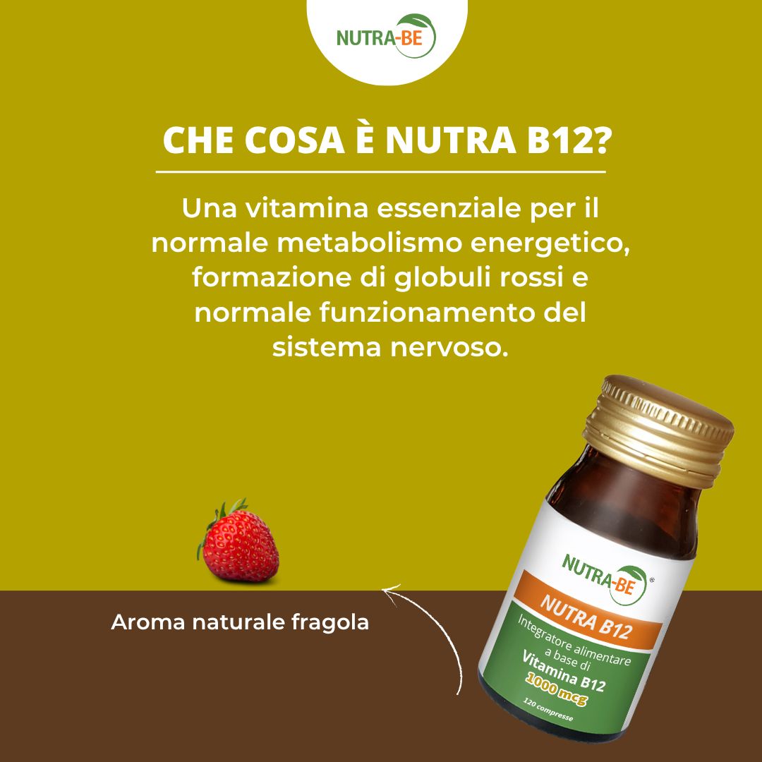 Flacone marrone "NUTRA B12" accanto a fragola. Testo: "Aroma naturale fragola". Testo: "Che cosa è Nutra B12?" e descrizione.