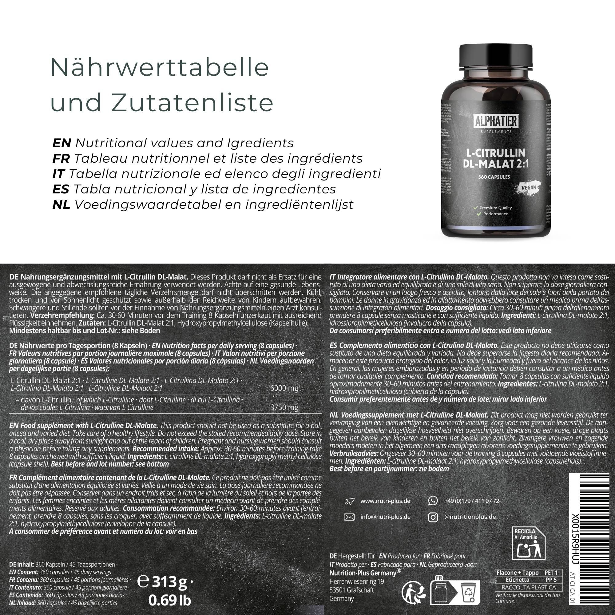 Tabella nutrizionale e elenco ingredienti in tedesco, inglese, italiano e olandese. Flacone di capsule.