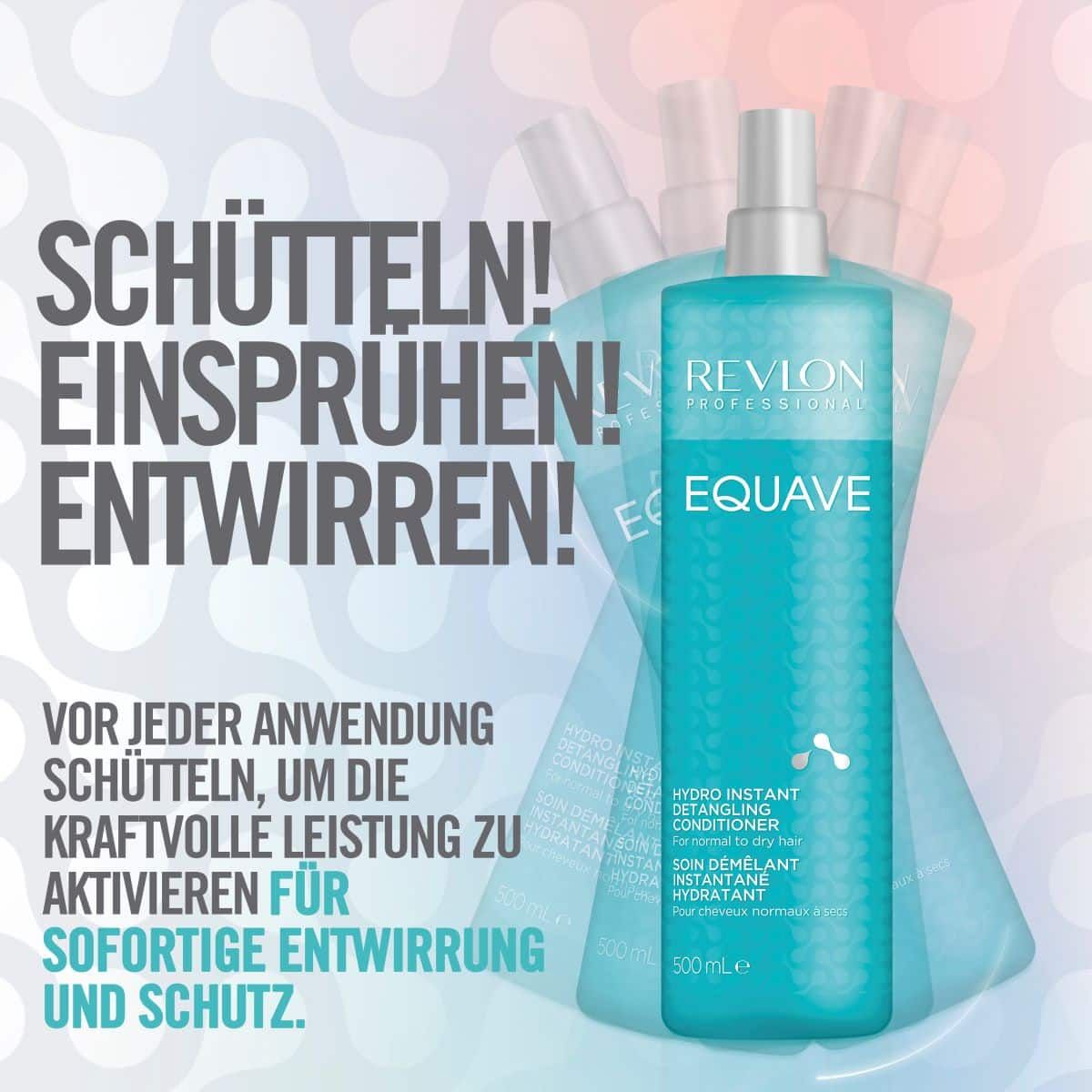 Revlon Equave Hydro Conditioner. Flacone turchese. Testo: Agitare! Spruzzare! Districare! Hydro Instant Detangling Conditioner.