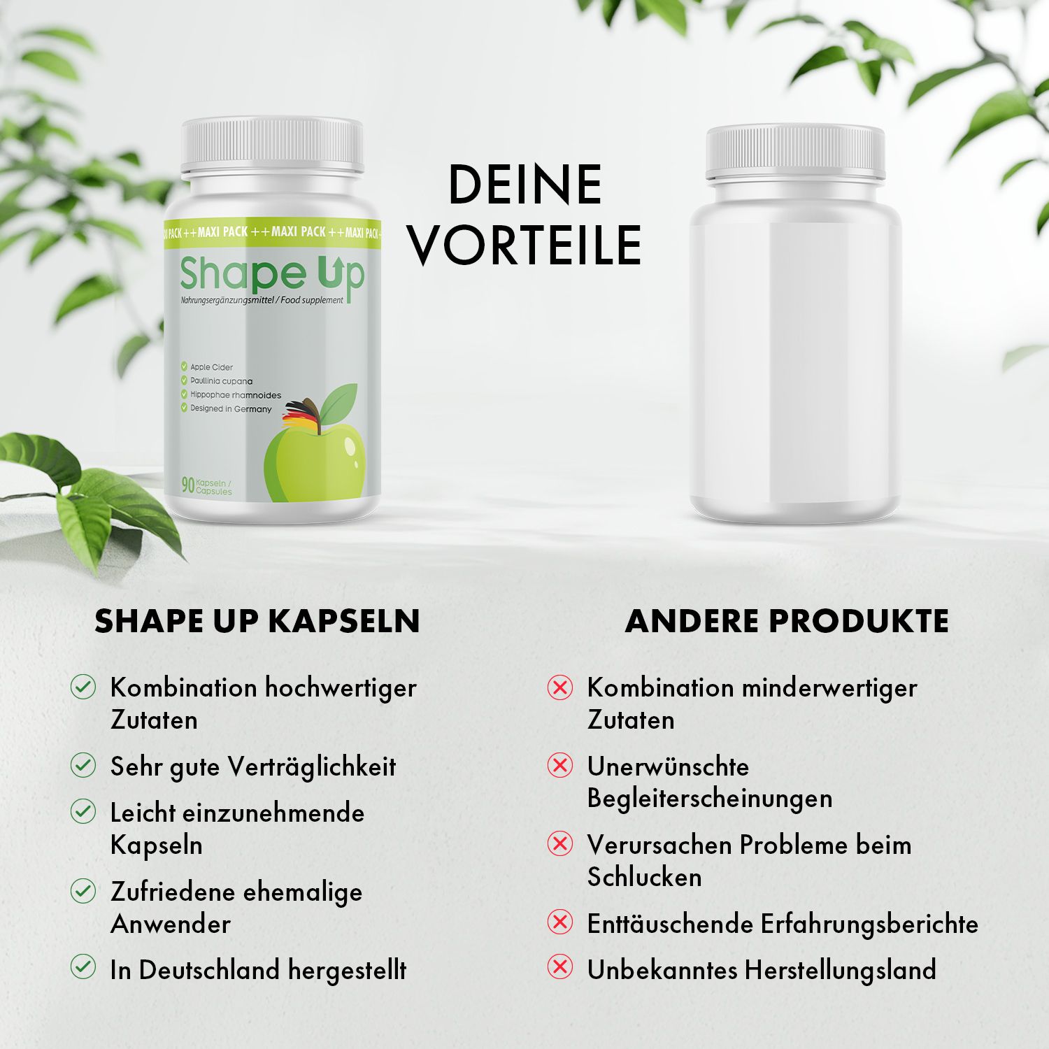 Confronto "Shape Up Capsule" con altri prodotti. Flacone "Shape Up", flacone bianco. Testo: Vantaggi, ingredienti di alta qualità, buona tolleranza.