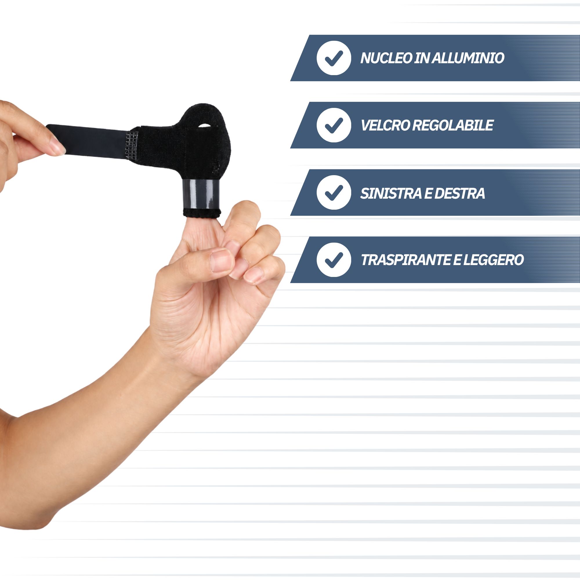 Tutore per dito con anima in alluminio, velcro regolabile, per mano sinistra e destra, traspirante.