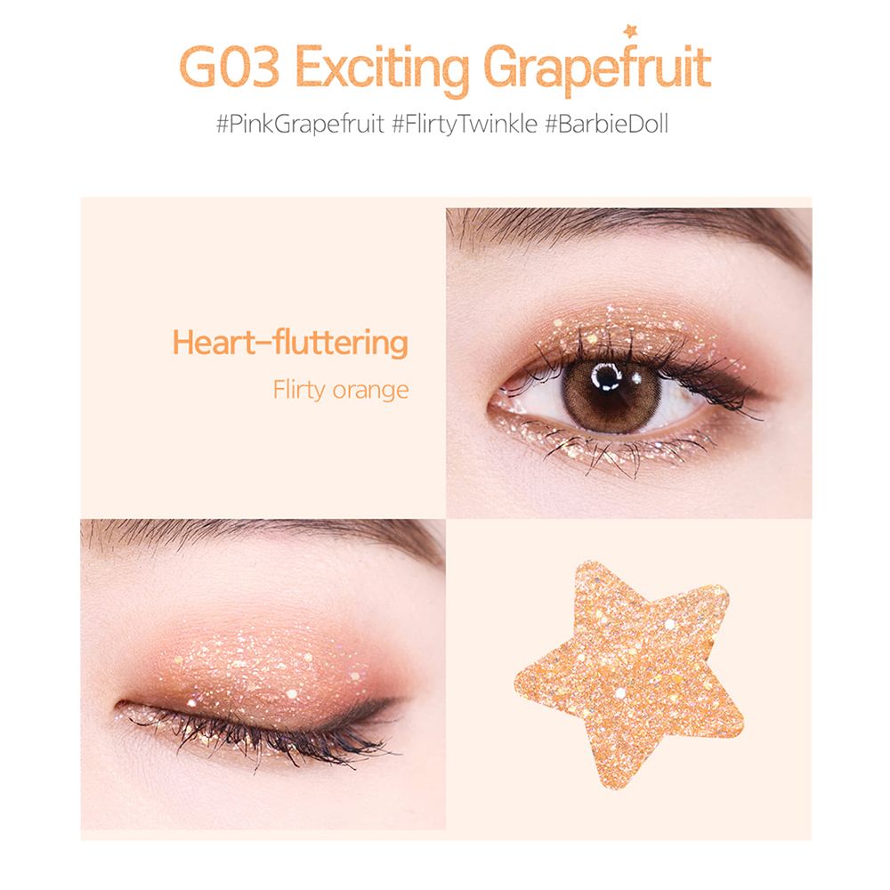 Primo piano di occhi con ombretto glitterato. Glitter a forma di stella. Testo: G03 Exciting Grapefruit, Flirty orange.