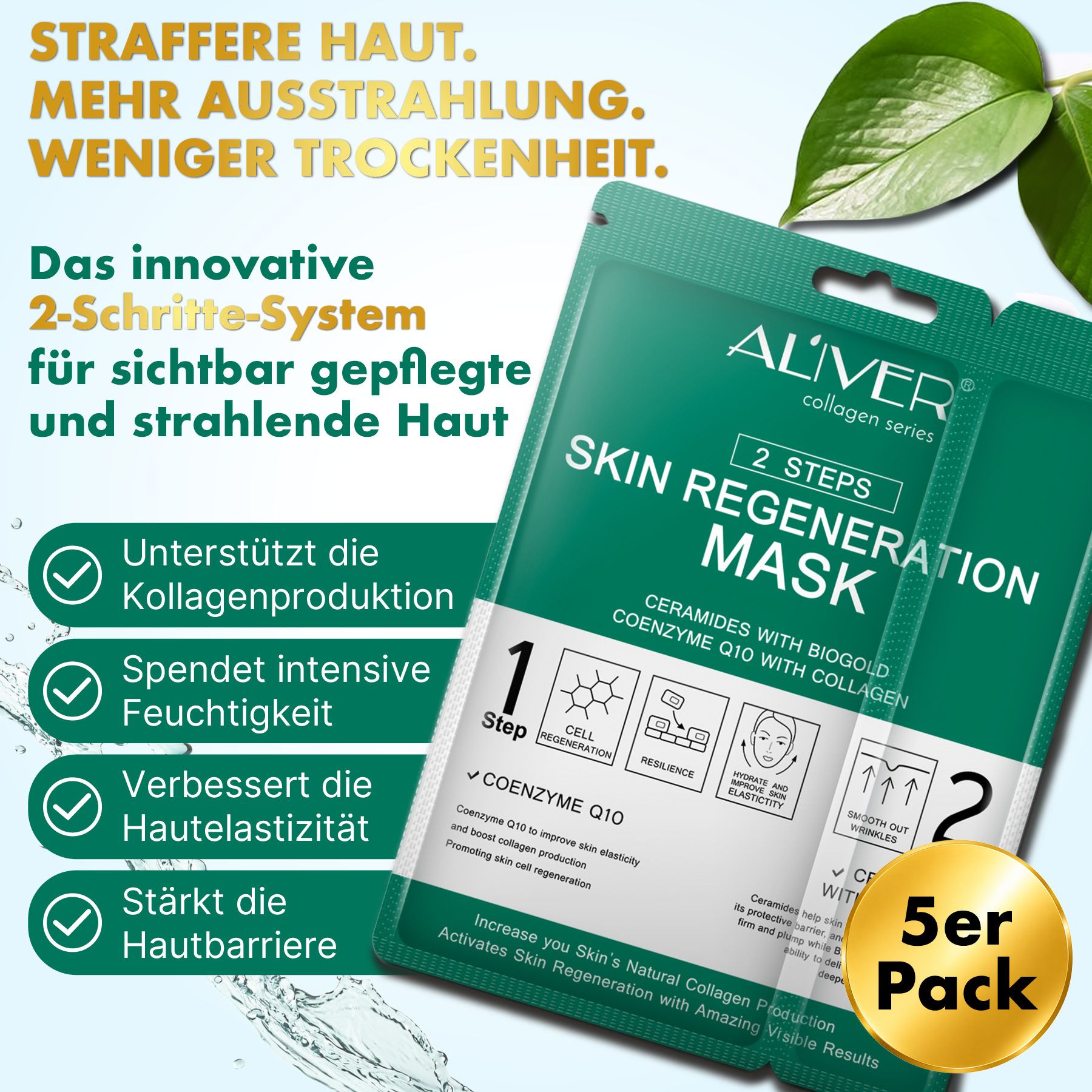 ALIVER Sistema di maschere viso anti-età in 2 fasi con collagene e coenzima Q10