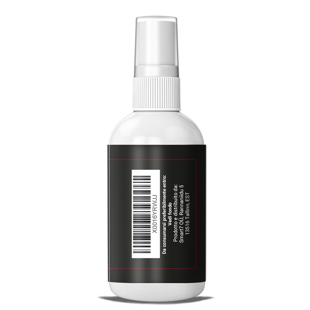 Retro di flacone bianco con etichetta nera e codice a barre. Testo: Da consumarsi preferibilmente entro, Produttore.