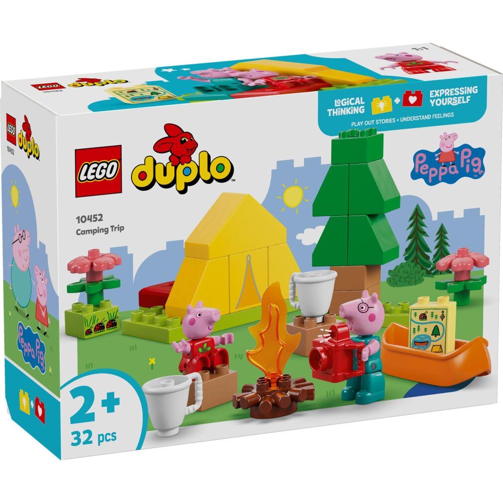 LEGO DUPLO 10452 Peppa Pig in campeggio. Set con tenda, personaggi, falò e accessori. Confezione con logo e nome del prodotto.