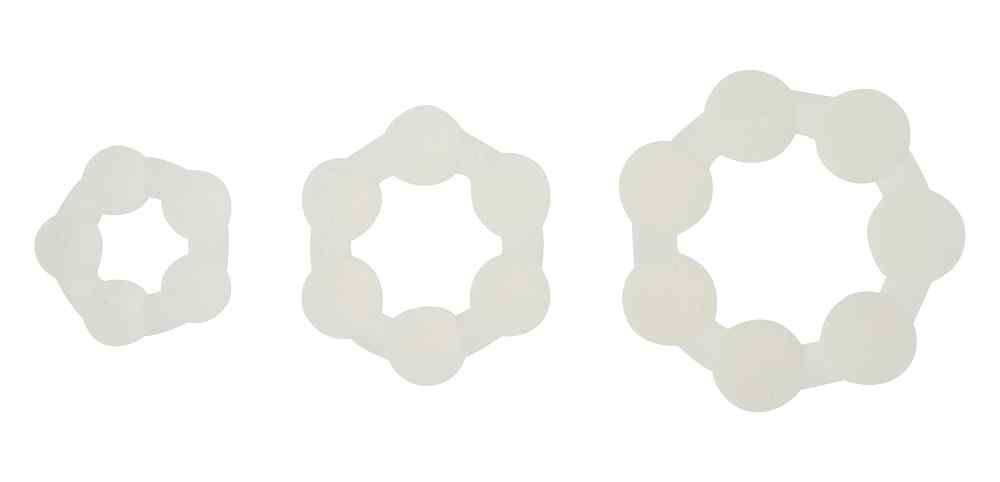 Tre anelli di diverse dimensioni, composti da elementi rotondi collegati. Colore grigio chiaro, su sfondo bianco.