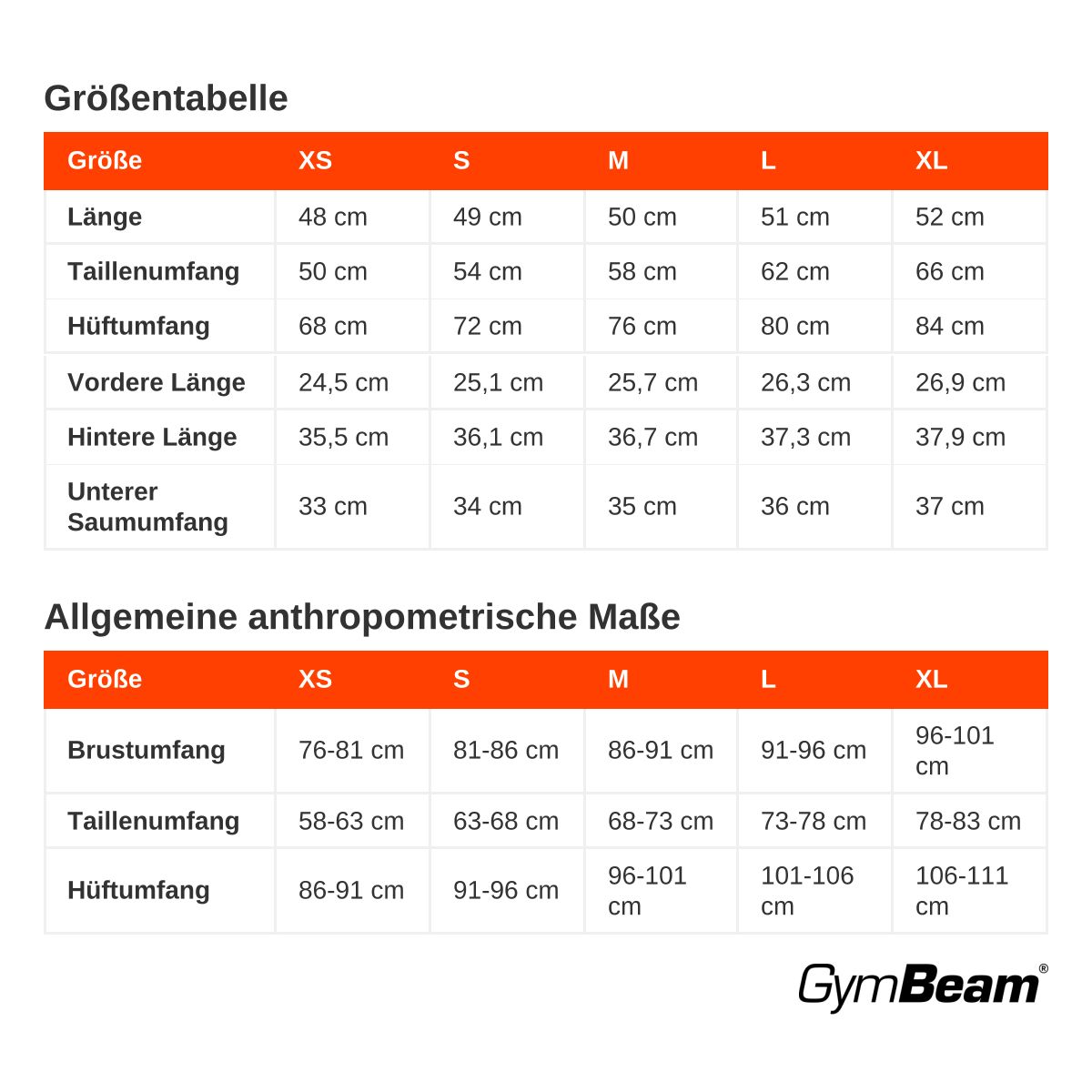 Tabella taglie per pantaloncini grigi slim GymBeam da donna, varie taglie e misure.