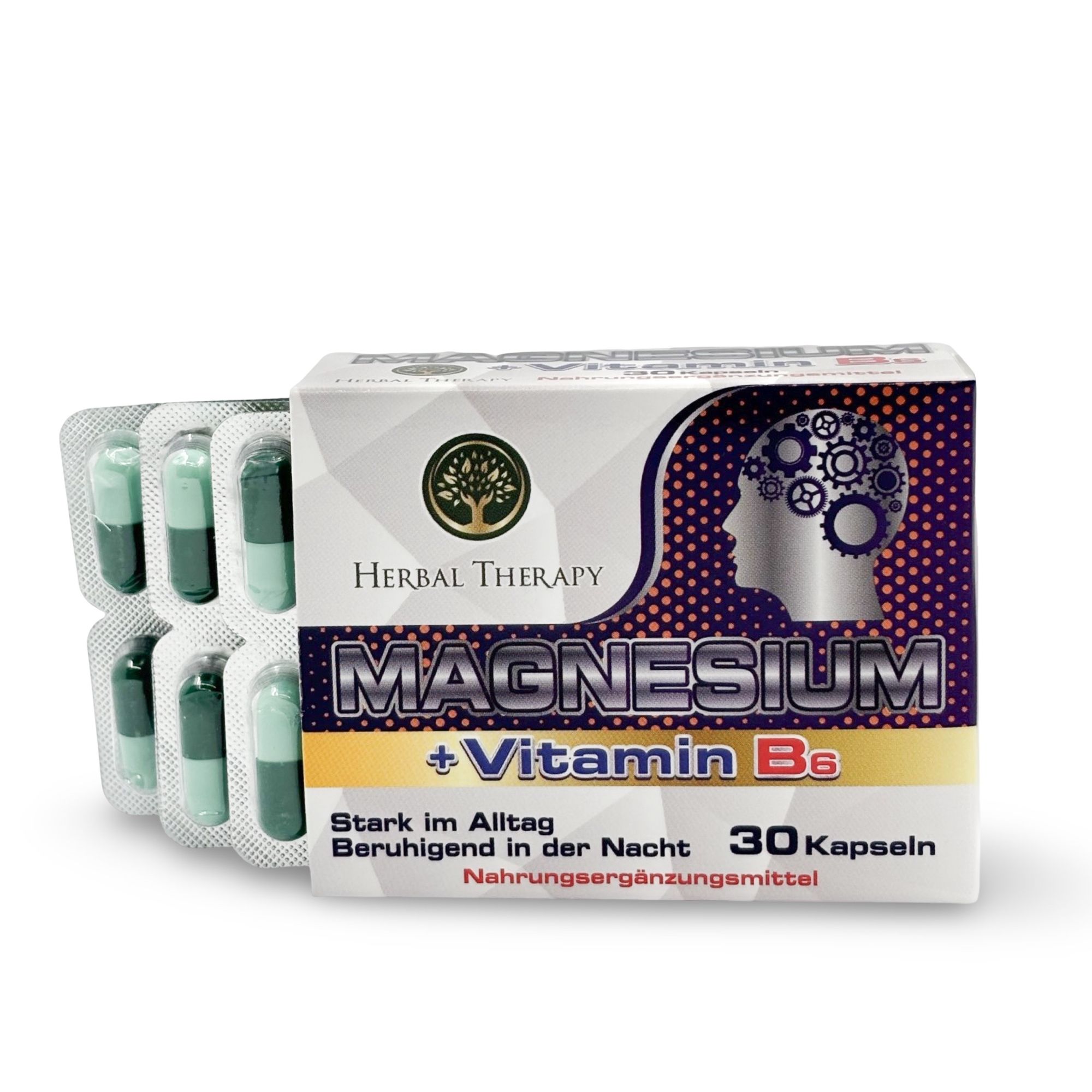 Confezione con Herbal Therapy Magnesium + Vitamina B6 e blister di capsule. 30 capsule. Logo e testo in tedesco.