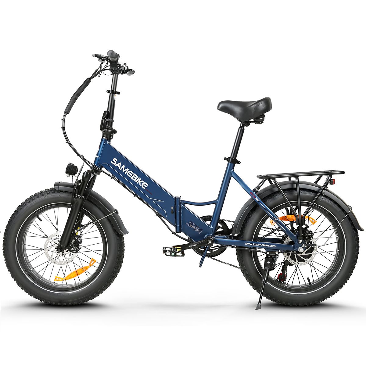 E-bike pieghevole blu. Pneumatici neri, portapacchi, sella. Marchio SAMEBIKE.