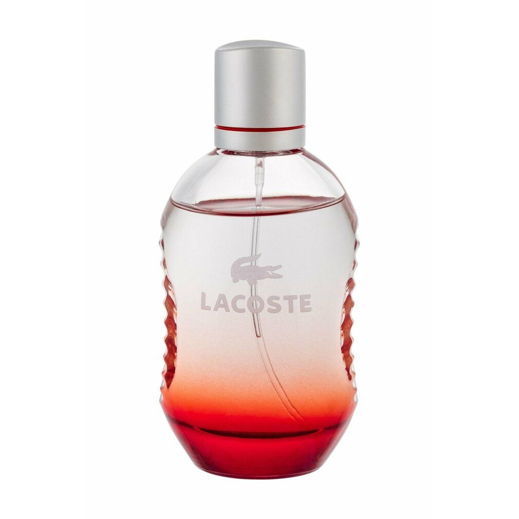 Flacone rotondo rosso e argento. Logo e scritta bianchi. Vaporizzatore.