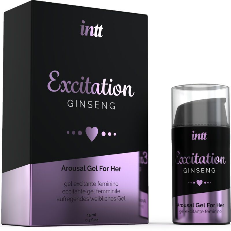 Confezione e flacone neri. Scritta: intt Excitation Ginseng. Nome del prodotto e simbolo del cuore. Testo: Arousal Gel For Her.