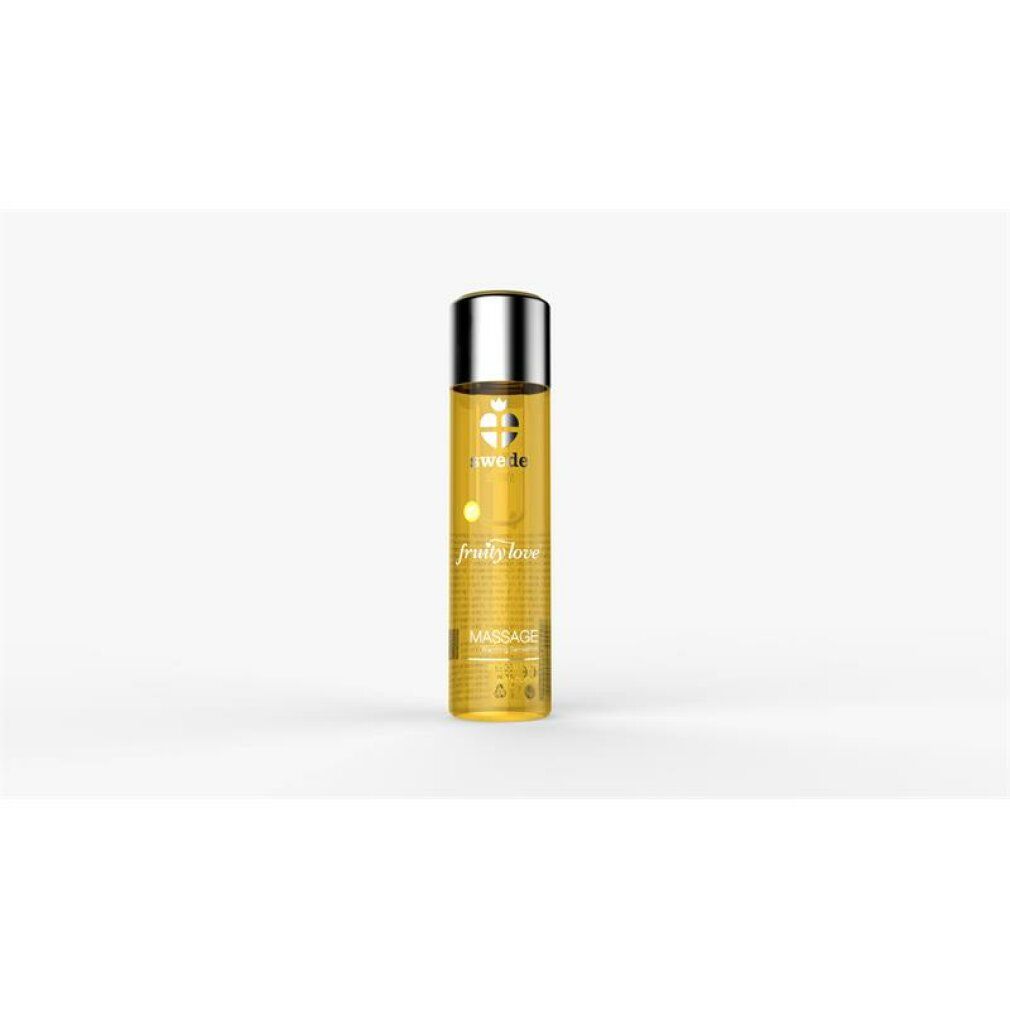 Flacone cilindrico con tappo argentato. Scritta: Swede, Fruity Love, Massage.