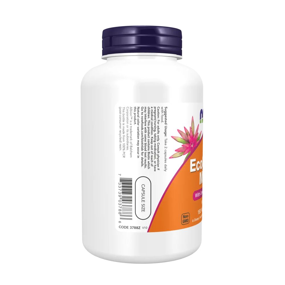 Flacone bianco con tappo viola. Etichetta arancione con testo: EcoGreen Multi, con superfood verdi. 180 capsule vegetali. NOW.