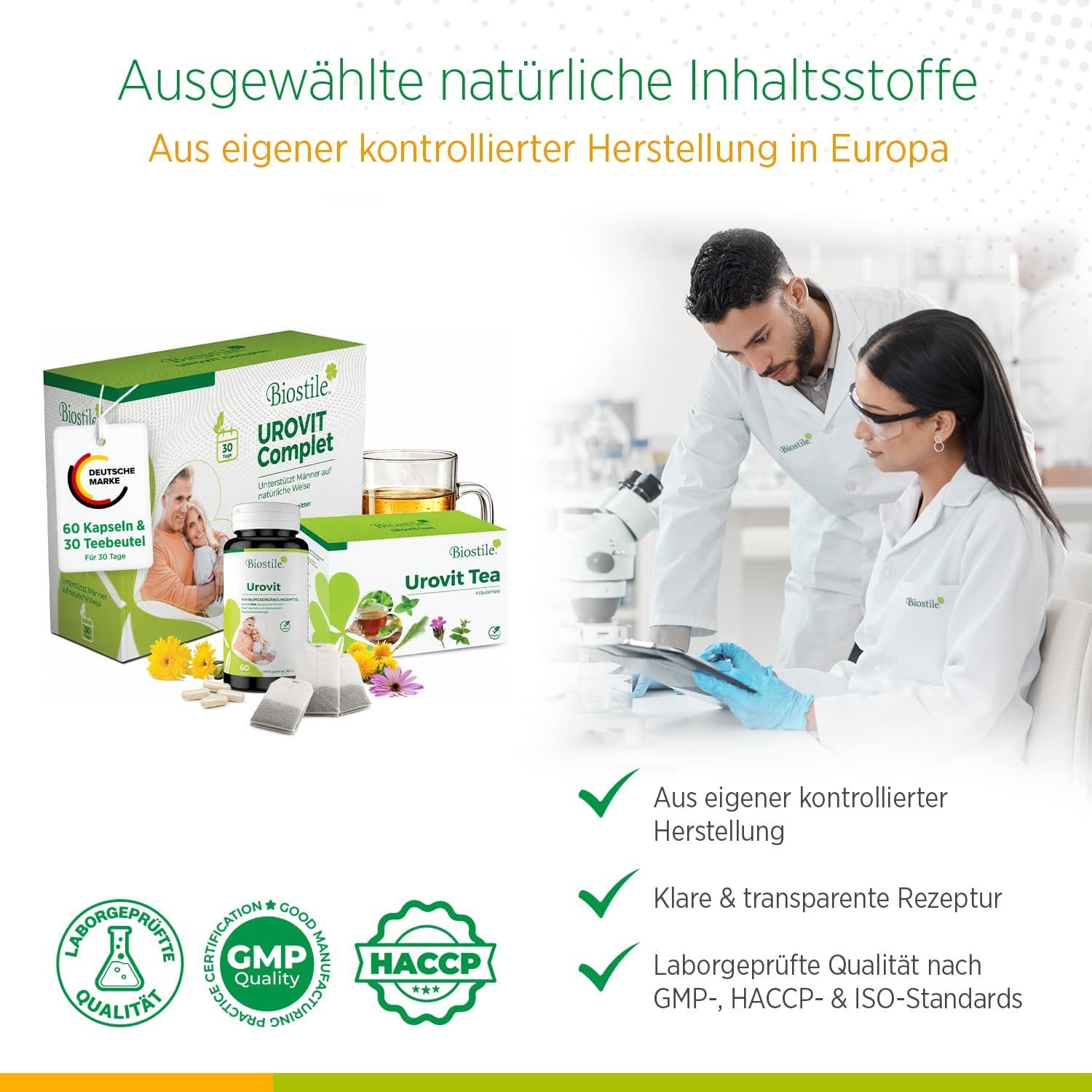 Set Biostile Urovit Komplett con tecnici di laboratorio, capsule, tè e certificati.