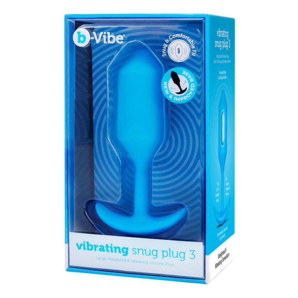 Plug blu in confezione. Scatola trasparente con prodotto e testo: "vibrating snug plug 3". Marchio: b-Vibe.