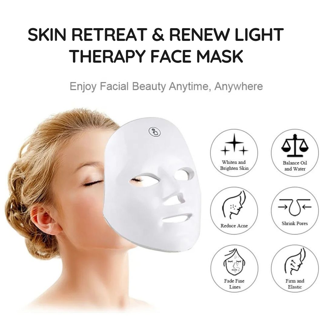 Design maschera facciale bianca su un viso. Testo e simboli mostrano i benefici.