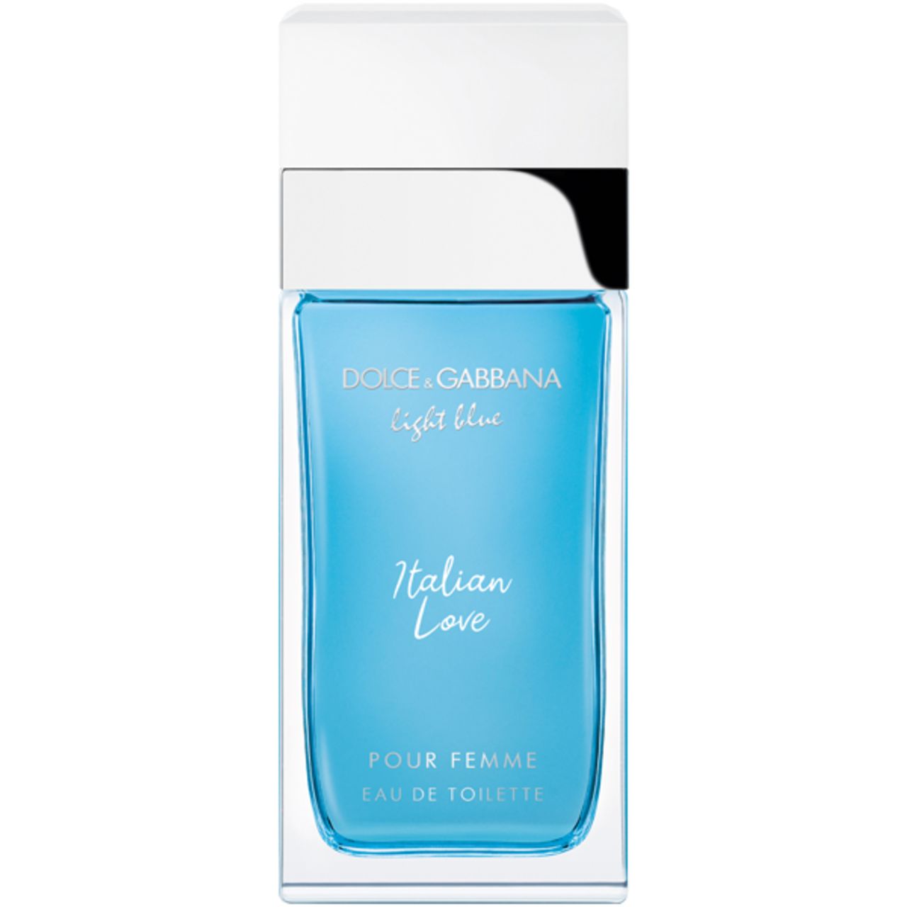 Flacone Dolce & Gabbana Light Blue Italian Love. Forma rettangolare, tappo bianco, liquido blu. Testo: Pour Femme Eau de Toilette.