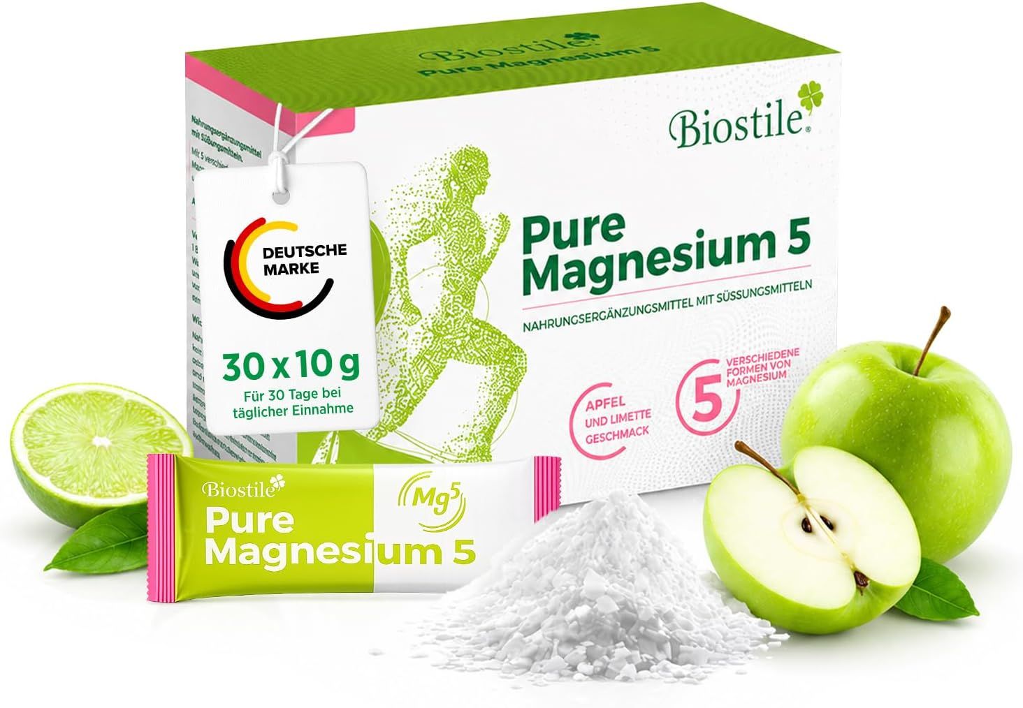 Biostile Pure Magnesium 5 confezione da 30 stick, gusto mela-lime, con frutta fresca.