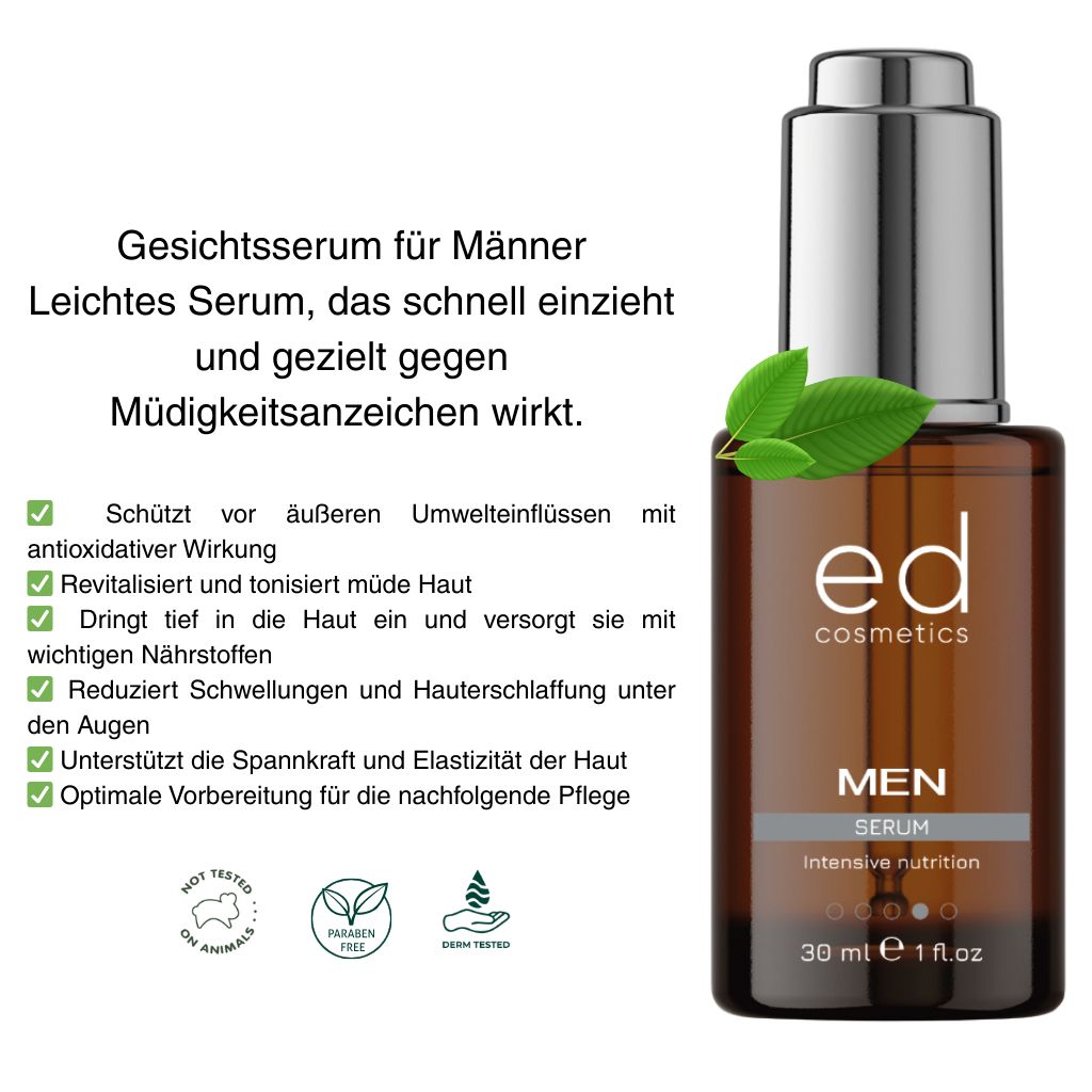 Flacone di vetro marrone con tappo argentato. Testo: "ed cosmetics MEN Serum". Foglie.