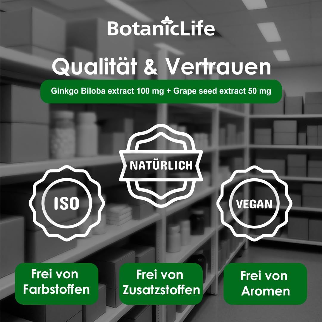 Scaffali con prodotti. Testo: Qualità e fiducia. ISO, NATURALE, VEGANO. Testo: Ginkgo Biloba, estratto di semi d'uva. Logo: BotanicLife.