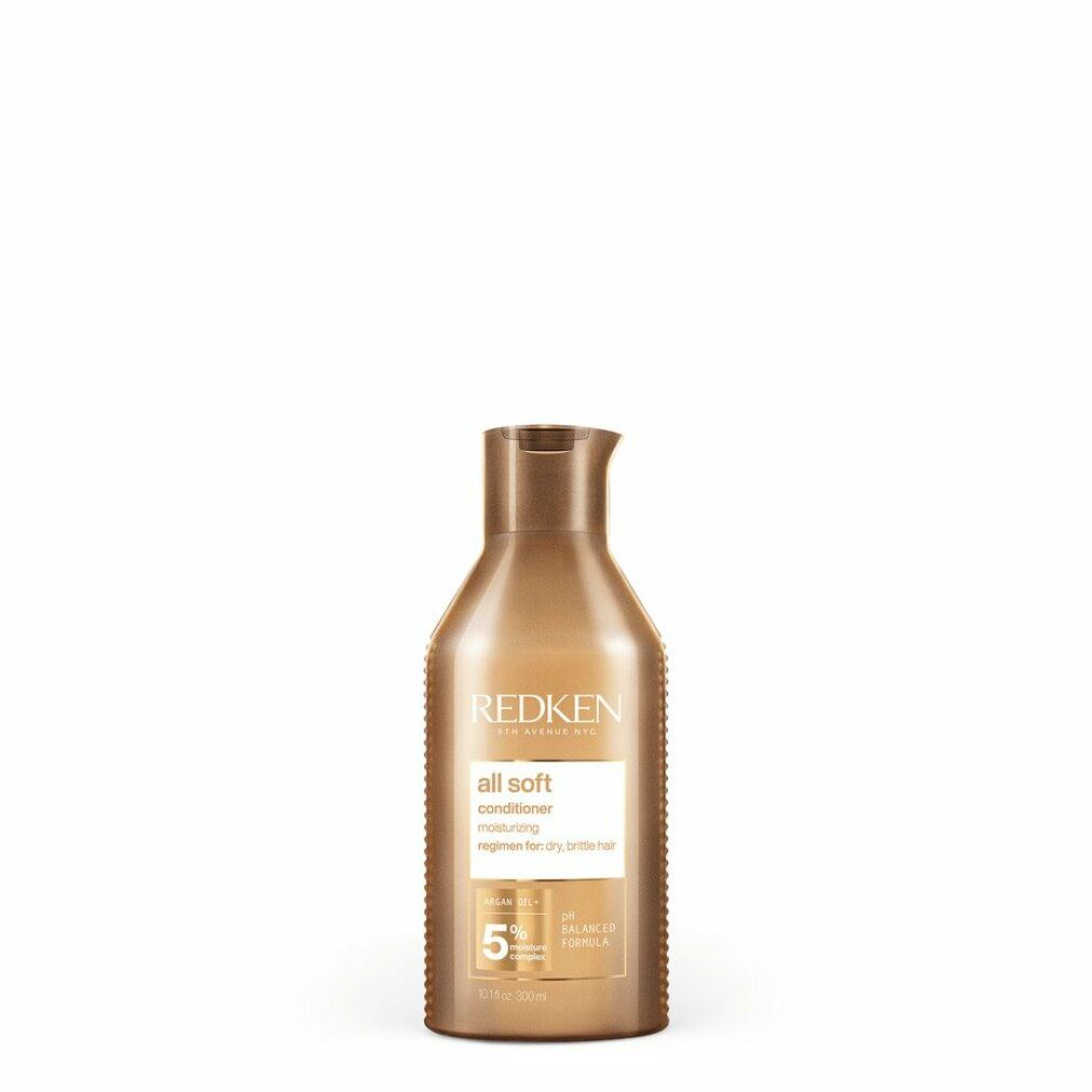 Flacone marrone Redken All Soft Conditioner. Scritta: All Soft, Conditioner, pH Balanced Formula. Flacone con beccuccio.
