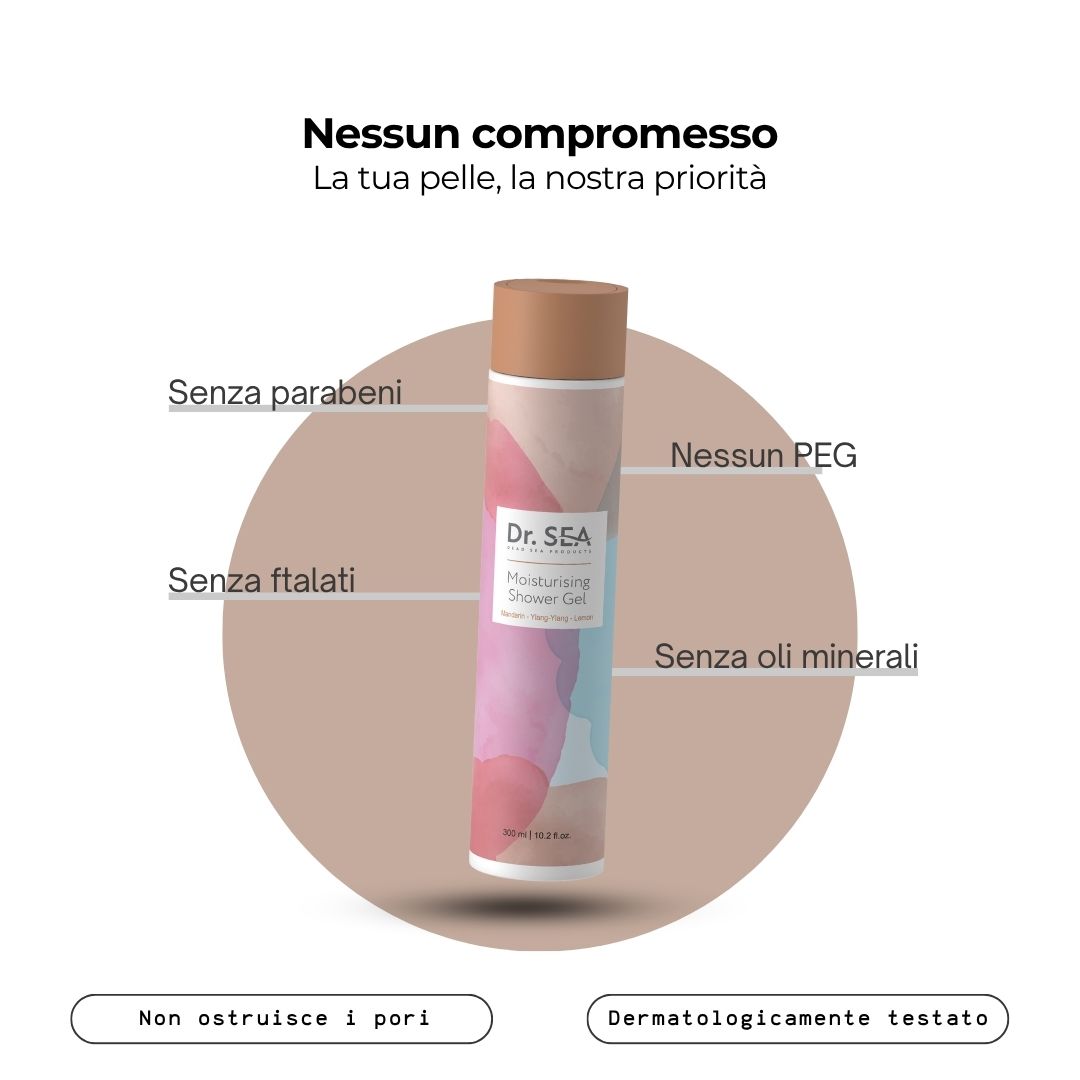 Flacone con Dr. SEA, Moisturising Shower Gel. Testo: Nessun compromesso. Senza parabeni, ftalati, PEG, oli minerali.