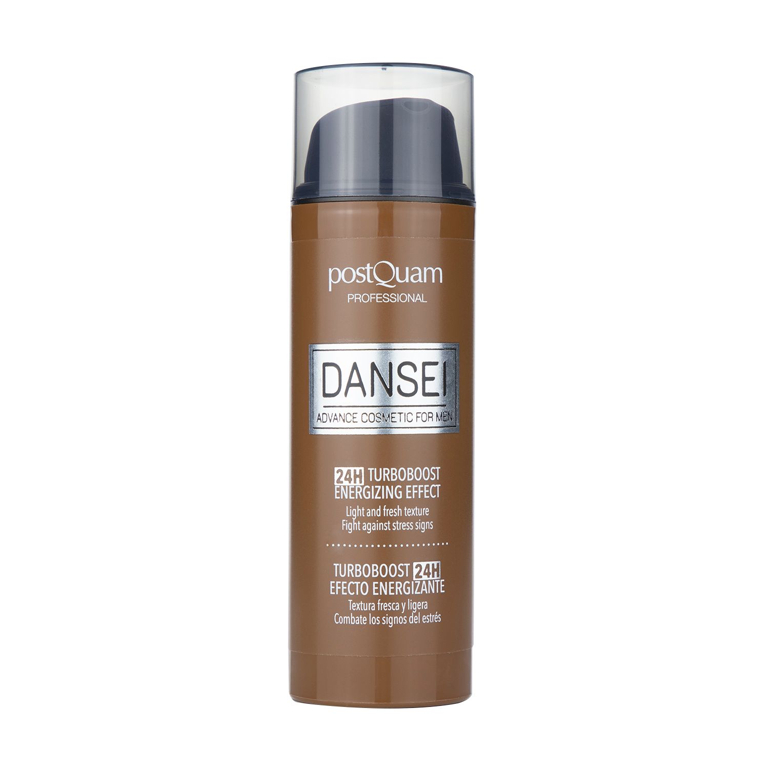 Flacone marrone con dosatore. Testo: Postquam, Dansei, 24H Turbo Boost Energizing Effect.
