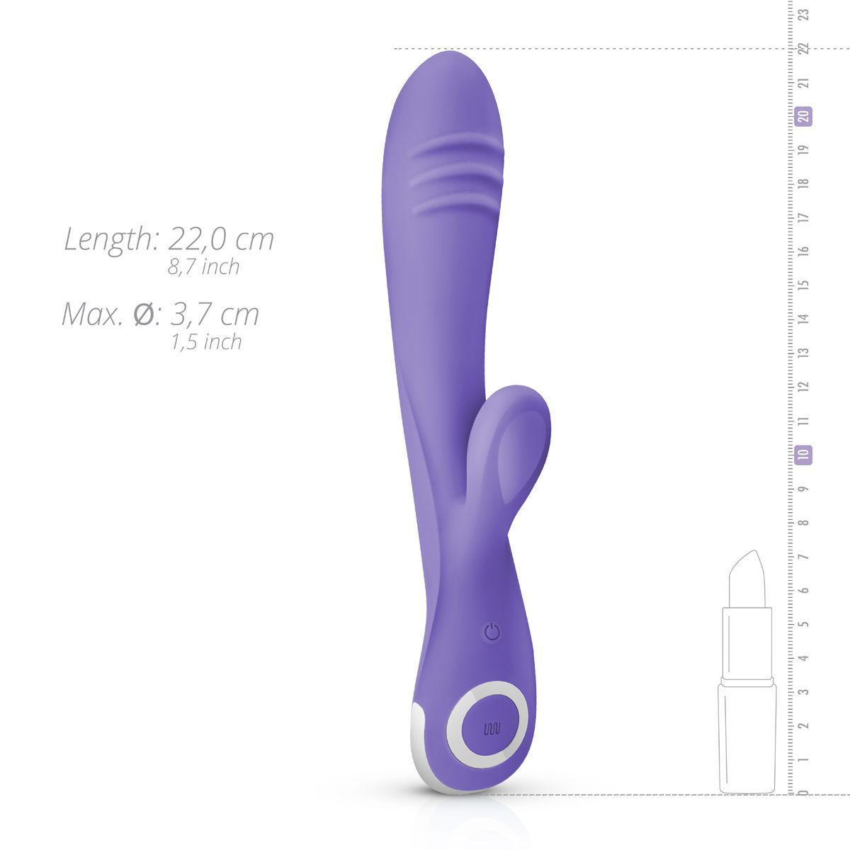 Vibratore viola con scala di misura. Lunghezza: 22,0 cm, Ø max: 3,7 cm. Con due pulsanti.