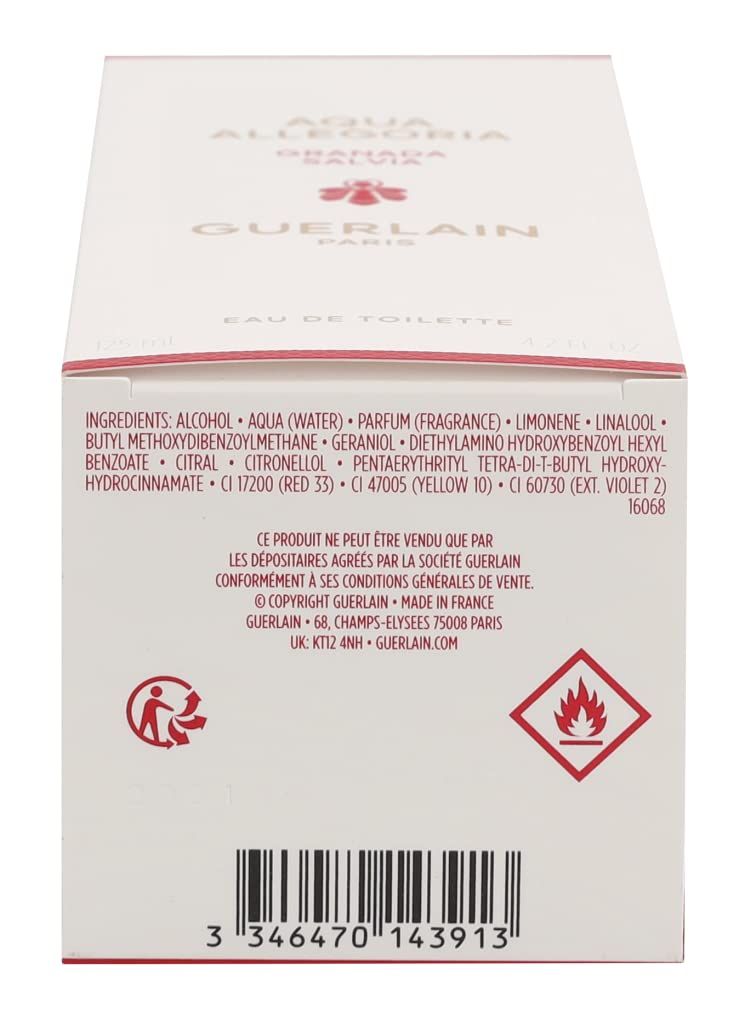 Confezione. Aqua Allegoria. Guerlain. Ingredienti. Codice a barre. Avvertenza. Testo in francese.