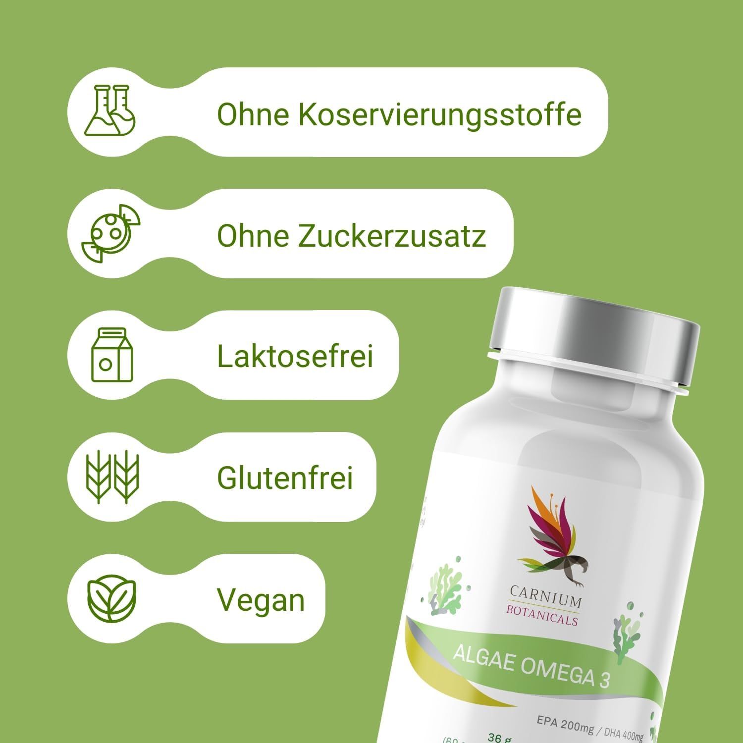 Flacone con scritta: Carnium Botanicals, Algae Omega 3. Testo: Senza conservanti, zuccheri aggiunti, senza lattosio, senza glutine, vegano.