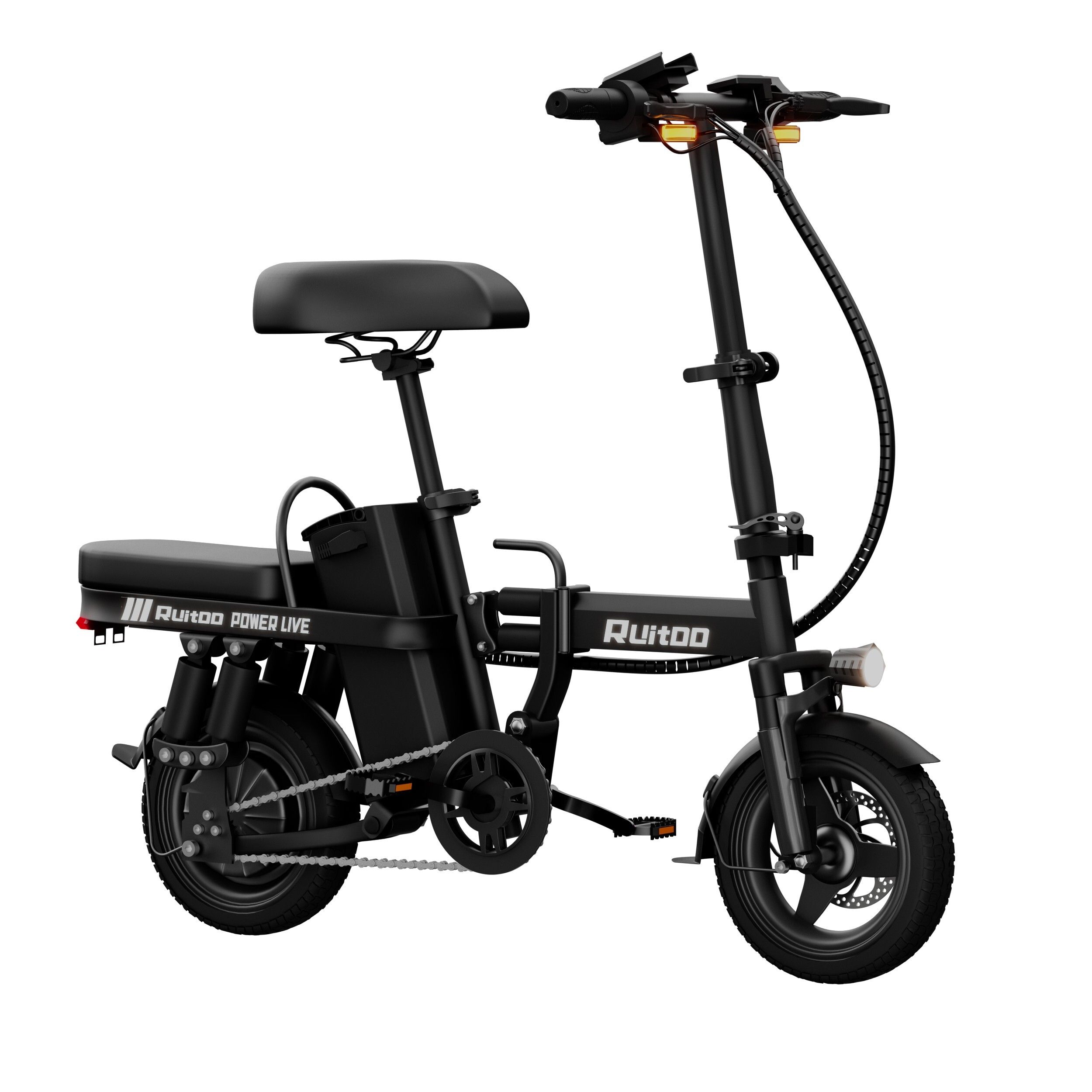 E-bike pieghevole nero con display LED. Visibili: sella, pedali, ruote, batteria e manubrio. Marchio: Ruitoo.