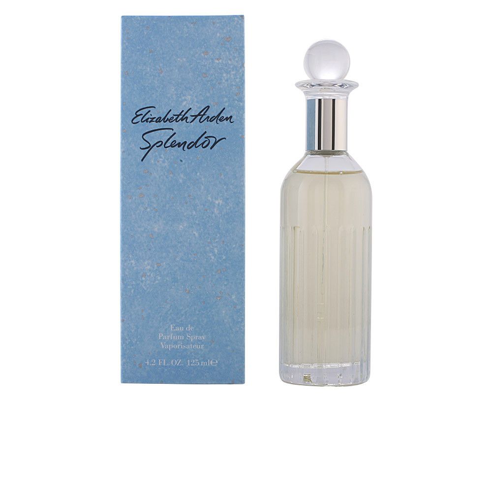 Flacone e scatola Elizabeth Arden Splendor. Flacone in vetro trasparente, collo argentato, tappo a sfera. Scatola blu con testo.