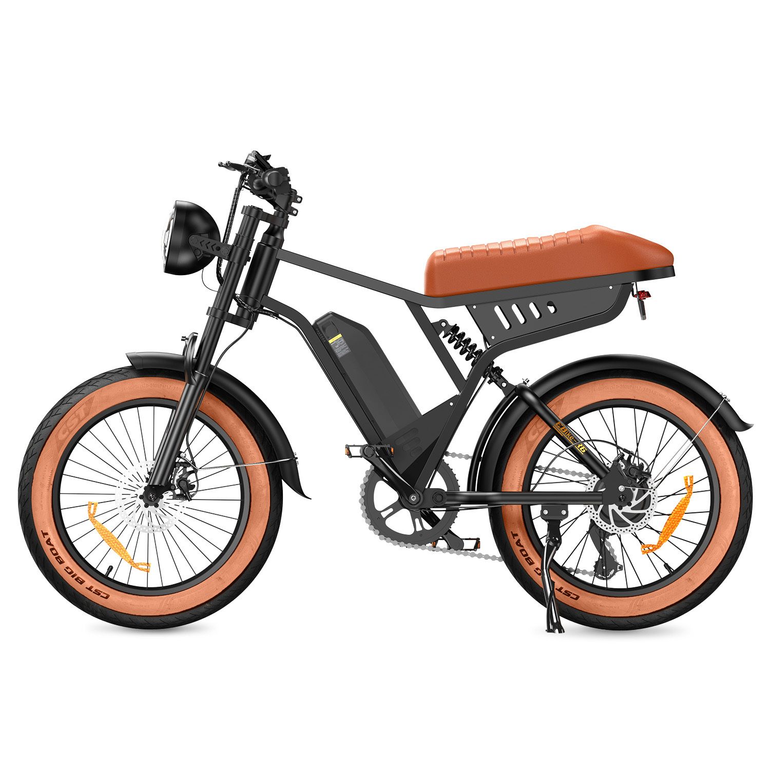 E-bike nera con sella e pneumatici marroni. Pneumatici larghi, faro e batteria.