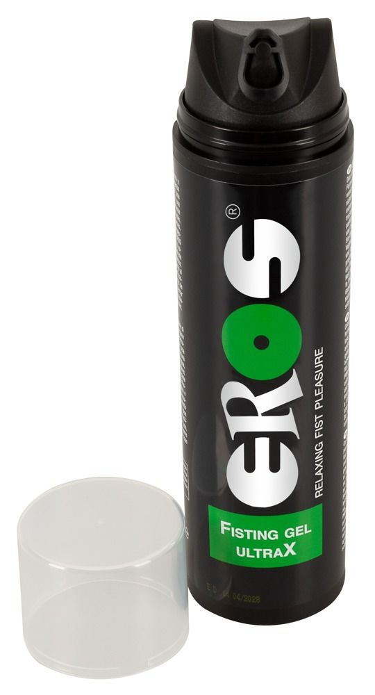 Flacone EROS Ultra X Fisting Gel con dispenser aperto e tappo rimosso.