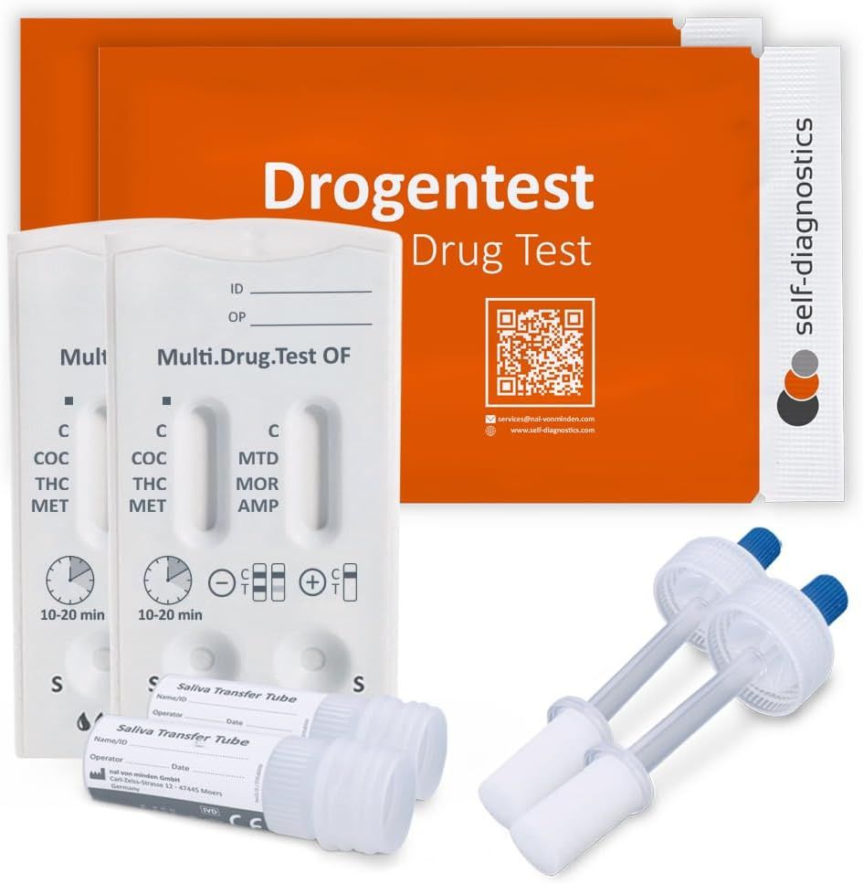 Kit di test antidroga. Include cassette di test, provette e istruzioni. Marchio: self-diagnostics.