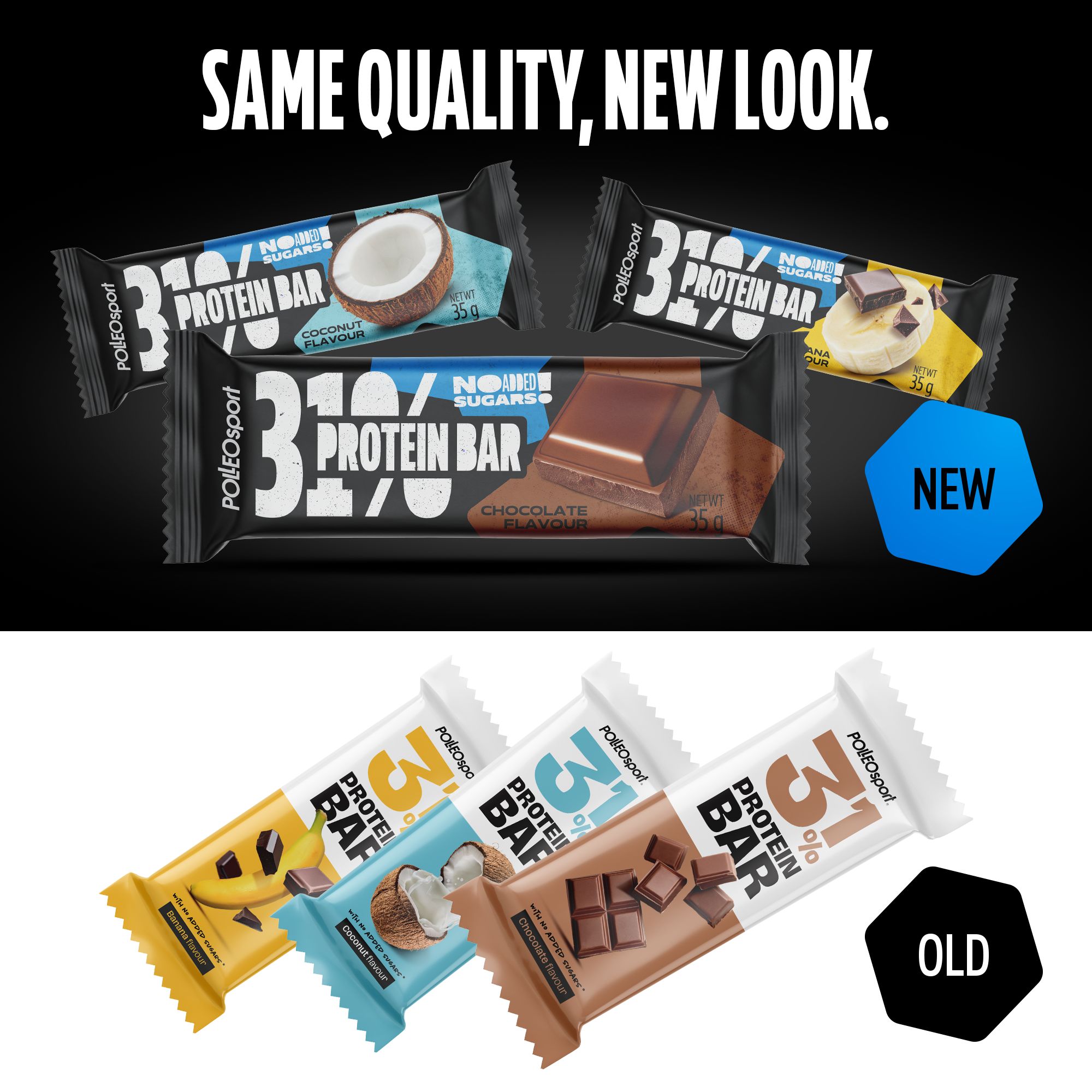 Diverse confezioni di barrette proteiche con gusti diversi. Logo e scritta '31% Protein Bar'. Testi 'NEW' e 'OLD'.
