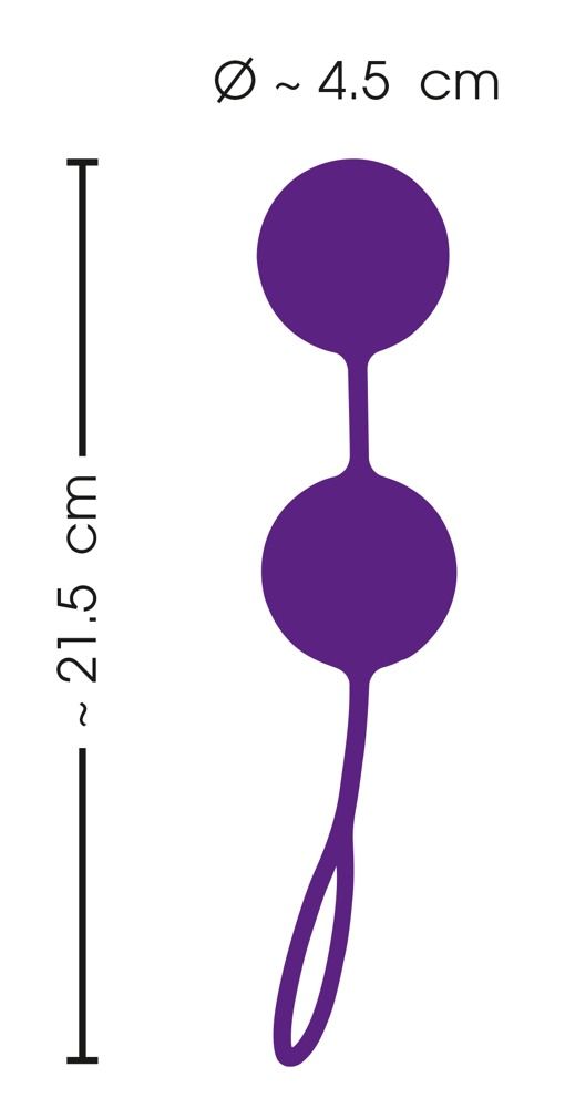 Due palline viola con connettore e anello. Diametro circa 4,5 cm, lunghezza circa 21,5 cm.