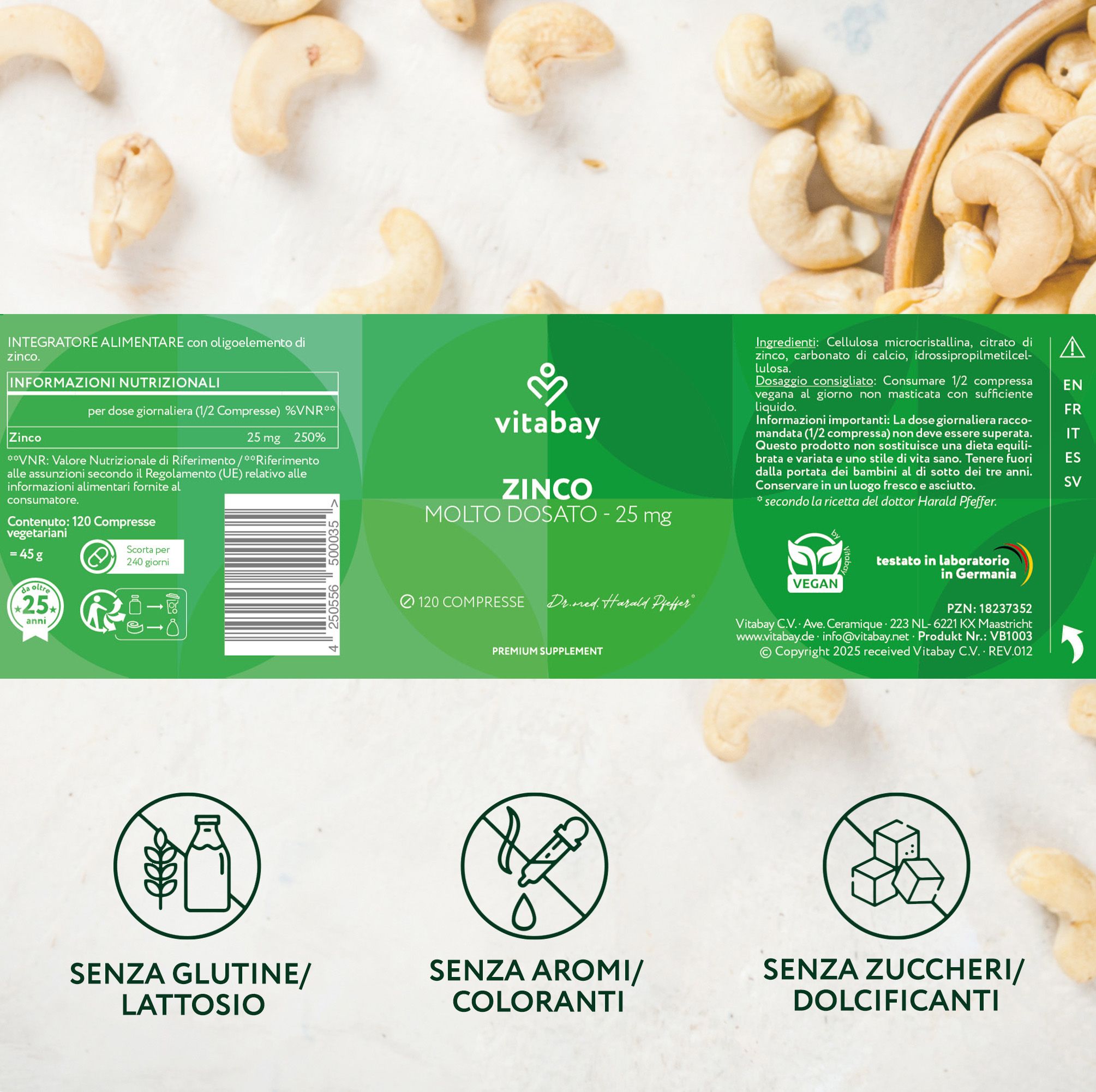Retro della confezione Vitabay Zink 25mg con informazioni nutrizionali e sigilli. Preparato di zinco ad alto dosaggio.