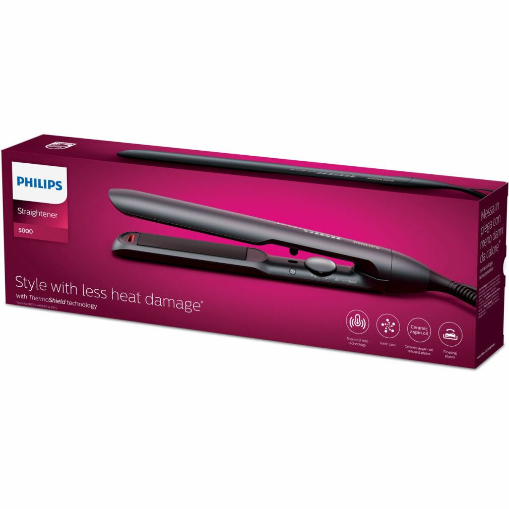 Piastra per capelli nera nella confezione. Marca Philips, modello 5000. Scritta: Style with less heat damage.