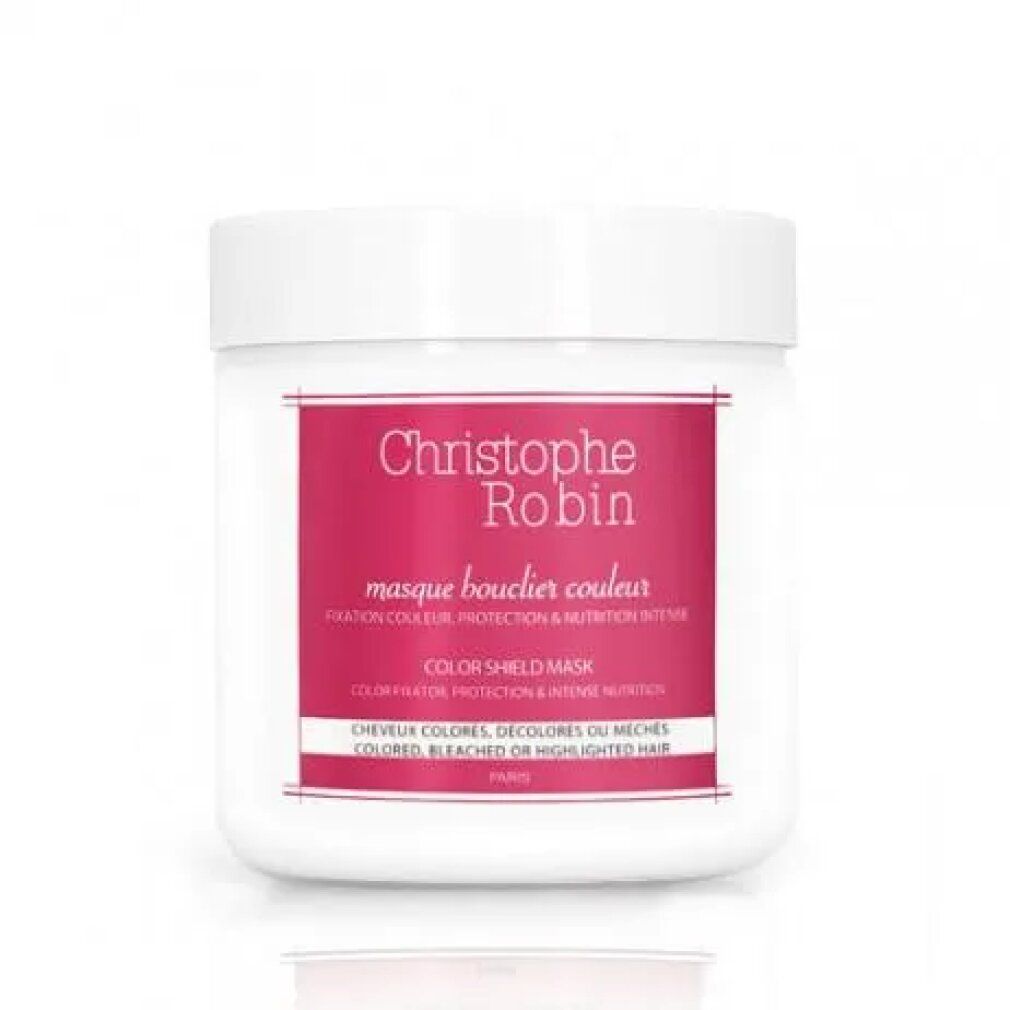 Vaso bianco con etichetta rosa. Testo: Christophe Robin, Masque bouclier couleur, Color Shield Mask.