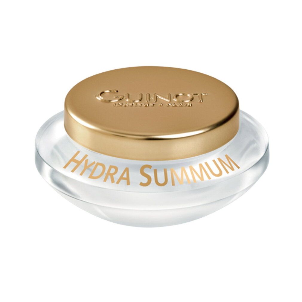 Crema Guinot Hydra Summum in un barattolo di vetro con coperchio dorato.