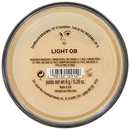 Polvere beige in un contenitore. Sul coperchio 'bareMinerals ORIGINAL SPF 15 Foundation' e 'LIGHT 08'.