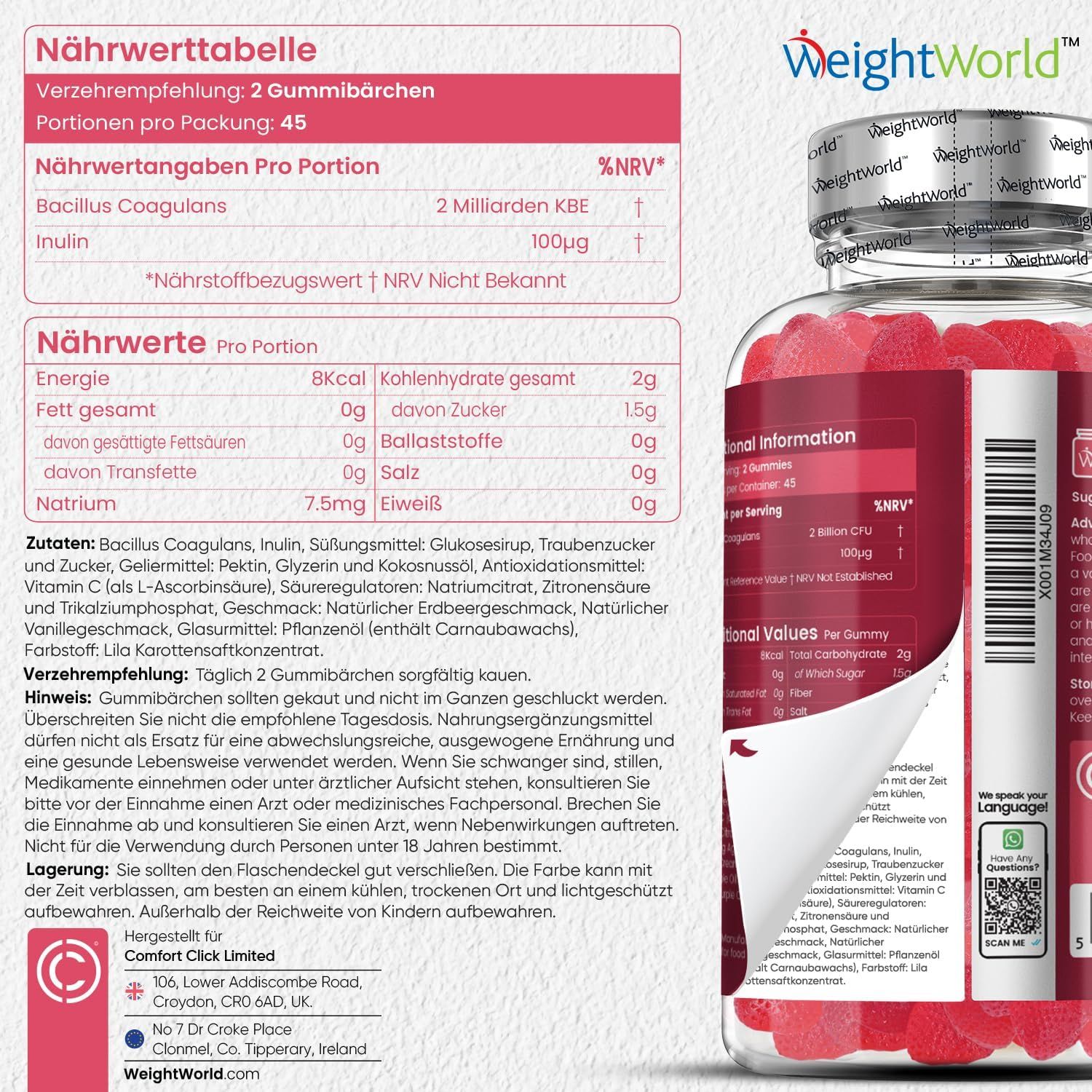 Tabella nutrizionale e flacone del prodotto. Testo: 2 caramelle gommose. Testo: 2 miliardi di UFC. Testo: Inulina 100µg. Testo: Integratore alimentare.
