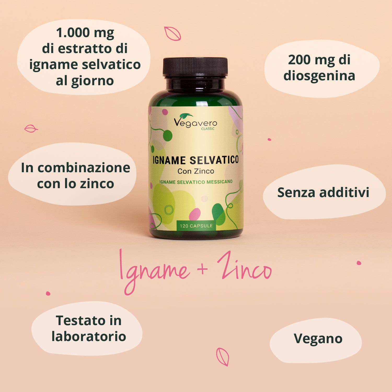 Ingredienti: Estratto di igname selvatico e zinco per capsule Vegavaro.